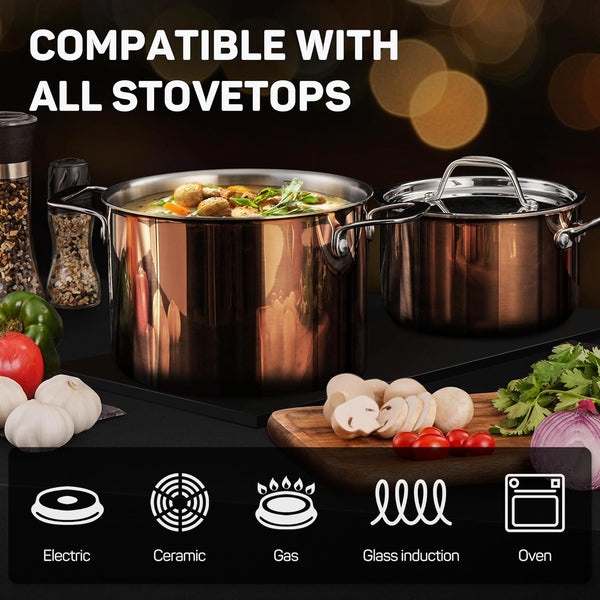 Whole Tri-Ply 18/10 Stainless Steel Cookware Set, 10 Pcs Elegant Copper Pots and Pans Set, Induction Cookware, Frying Pans, Saucepans & Stock Pot with Lid, Ideal Gift for Wedding, Housewarming3