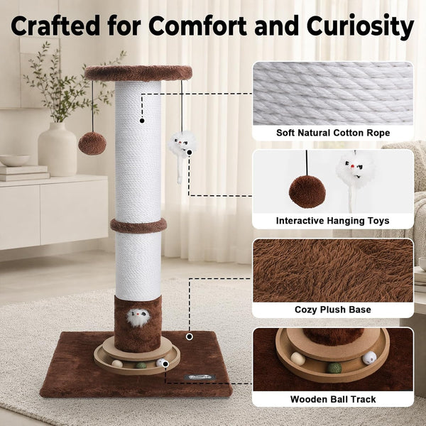 35-Inch Tall Cat Scratching Post, Stable Base for Large Cats, Brown | Heavy-Duty, Soft Natural Cotton Rope Cat Scratcher, Interactive Cat Toys, Wooden Ball Track, for Kittens and Indoor Cats5