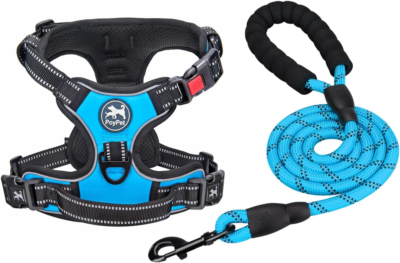 poypet-no-pull-dog-harness-and-5-feet-leash-set-release-on-neck-reflective-adjustable-pet-vest-front-back-2-d-ring-and-soft-padded-pet-harness-with-handle-for-small-to-large-dogsgrey-l
