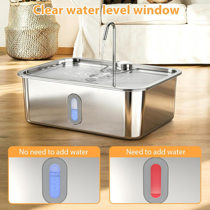 15L/4Gal Stainless Steel Dog Water Fountion Pet Fountain,1Set Filter | Ultra Quiet,Extra Large Capacity,5 Layer Filtration System,Water Level Window & LED Light, ,Visible Faucet Style Spout6