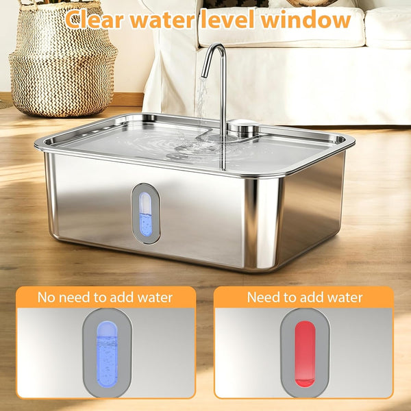 15L/4Gal Stainless Steel Dog Water Fountion Pet Fountain,1Set Filter | Ultra Quiet,Extra Large Capacity,5 Layer Filtration System,Water Level Window & LED Light, ,Visible Faucet Style Spout6