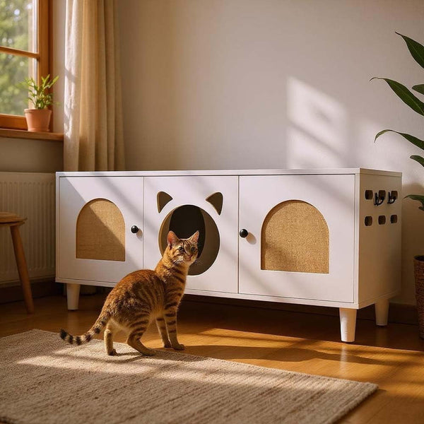 Anwick Cat Litter Box Enclosure Cabinet Furniture | Modern 2-In-1 Wooden Cat House Cabinet with Storage Hook and Scratch Board,White7