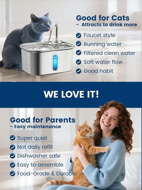 Cat Water Fountain Stainless Steel for Cats Indoor 2.5L 85Oz by Bpa-Free SUS304, Effective 6-Layer Filter Cat Fountain for Drinking 20Db Ultra Quiet Metal Pet Water Fountain (Fountain+1 Filter)8