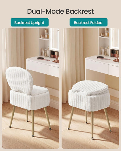 SONGMICS Vanity Chair, Makeup Stool with Folding Backrest | Plush Padded Dressing Table Stool, 17.1 X 13 X 32.1 Inch, for Bedroom, Dressing Room, Black, GLAMOR Collection ULOM532WD014