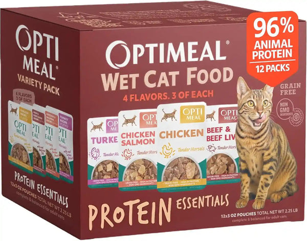 Optimeal Wet Cat Food Variety Pack - Savory Protein Selection, Grain Free Tender Morsels, High Protein Premium Nutrition Made with Natural European Ingredients, Adult Cat Pouches 3Oz (Pack of 12)1