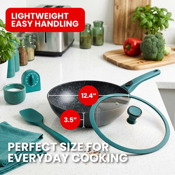 Nonstick Wok Pan with Glass Lid and Detachable Handle, 12.4In | Forged Aluminum Wok with Ceramic Coating, Induction-Ready Base, Removable Handle, and Glass Lid for Everyday Home Cooking.3