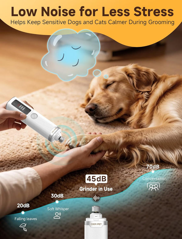 Dog Nail Grinder Whisper Quiet & Safe for Sensitive Dogs and Cats | Low Vibration Pet Nail Trimmers, 3-Speed, LED Lights, 8 Hours Runtime, Rechargeable Ergonomic Grooming for All Sizes & Breeds3