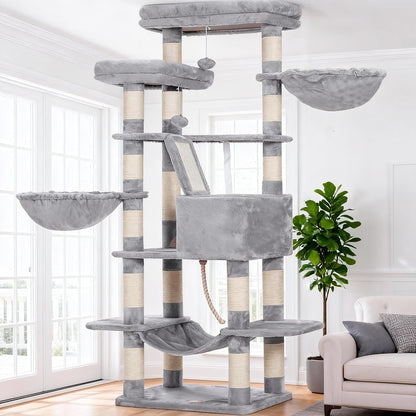 Heybly Cat Tree, 71-Inch-Tall Tower for Indoor Cats with 2 Perches HCT034W | Large Cat Furniture with 2 Big Condos, 2 Hammocks, Basket, Scratching Pad, Multi-Level Cat Condo, Light Gray14