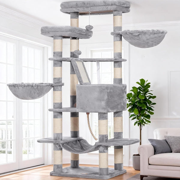 Heybly Cat Tree, 71-Inch-Tall Tower for Indoor Cats with 2 Perches HCT034W | Large Cat Furniture with 2 Big Condos, 2 Hammocks, Basket, Scratching Pad, Multi-Level Cat Condo, Light Gray14