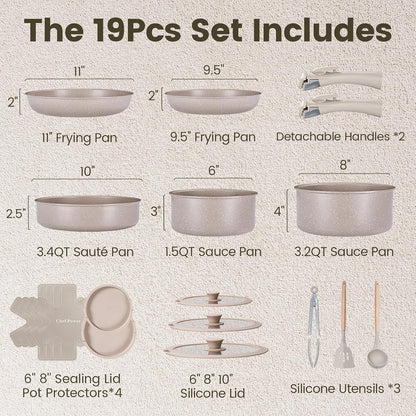 Ceramic Nonstick Pots and Pans Set 19 Piece with Detachable Handle, Induction Dishwasher Oven Safe Cookware Set, RV Kitchen Set Removable Handle, Mocca Taupe2