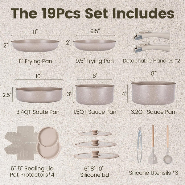 Ceramic Nonstick Pots and Pans Set 19 Piece with Detachable Handle, Induction Dishwasher Oven Safe Cookware Set, RV Kitchen Set Removable Handle, Mocca Taupe2