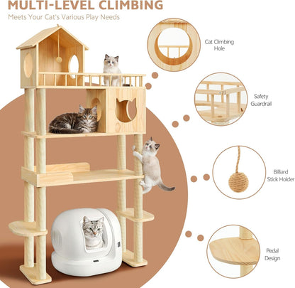Wood Cat Tree for Automatic Litter Box, 5 Tier Cat Tower, 74 Inch | Tall Cats Tree for Indoor Cats Large Adult, Solid Wood Cat Furniture for Self Cleaning Litter Box, W/Scratching Post, House5