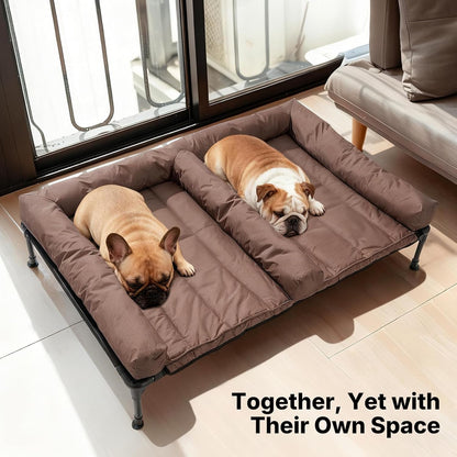 Veehoo Elevated Dog Bed for 2 Dogs, Cooling Raised Dog Bed with Bolster Mat | Outdoor Double Dog Bed with Removable Waterproof Cushion, Breathable Mesh, Non-Slip Feet for Outdoor & Indoor, 49", Brown2