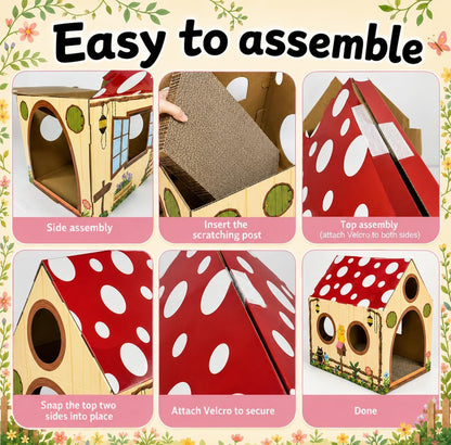 Cinrobiye Cardboard Cat House with Scratcher, Indoor Cat Condo Cat Cave Hideout with Scratch Pad, Cardboard Cat Playhouse Bed for Cats, Kittens, Rabbits & Small Pets (Mushroom)3