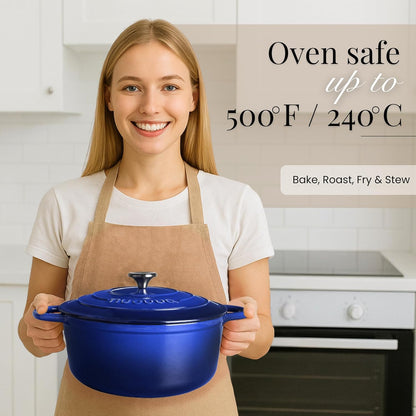 Enamelled Cast Iron Dutch Oven Pot with Lid-6.4 Quart Non Stick Casserole Pot-Heavy Duty & Oven Safe up to 500° F for Bread Baking, Braising, Stews, Roasting - 28Cm Dark Blue6