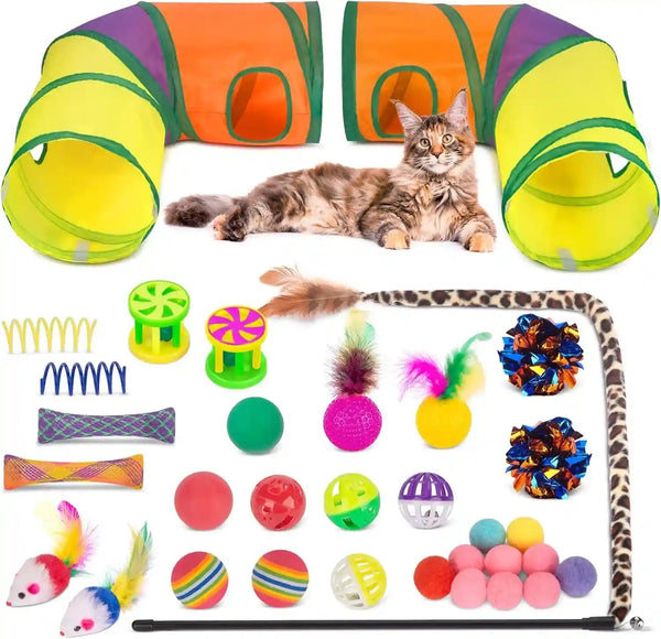 Retro Shaw 33 Pack Cat Toys for Indoor Cats, Collapsible Kitty Tunnel Tent with Feather Teaser Wand, Springs Balls Bell Mouse Interactive Kitten Hideaway Playhouse 15.7 Inches10