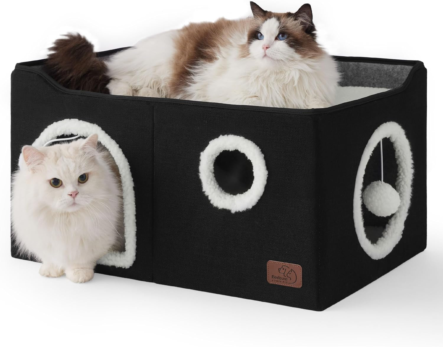 bedsure-cat-house-bed-for-indoor-cats-with-fluffy-ball-and-scratch-pad-grey-16-5x16-5x13-in-large-cat-cave-for-multiple-pets-foldable-cat-hideway-cube-for-sleeping-kitten