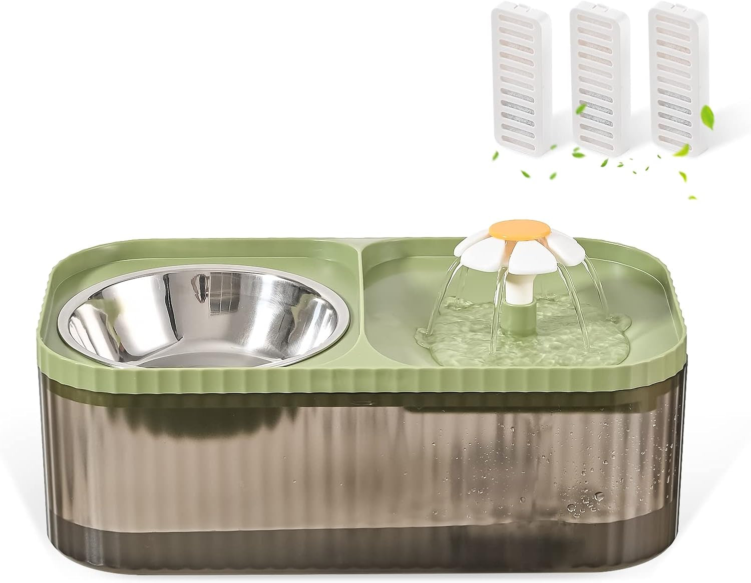 cat-water-fountain-and-food-bowl-3l-101oz-ultra-quiet-pet-water-dispenser-with-smart-pump-and-3-replacement-filters-automatic-flower-fountain-stainless-steel-bowl-black-green