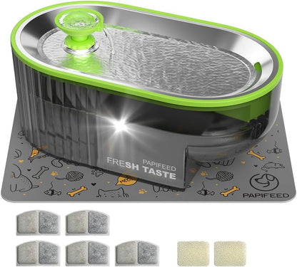 PAPIFEED Cat Water Fountain Stainless Steel with a Silicone Mat, 84Oz/2.5L Automatic Pet Water Fountain with LED Water Level Window, Quiet Low Power Cat Water Bowl & Cat Water Dispenser (Green)1