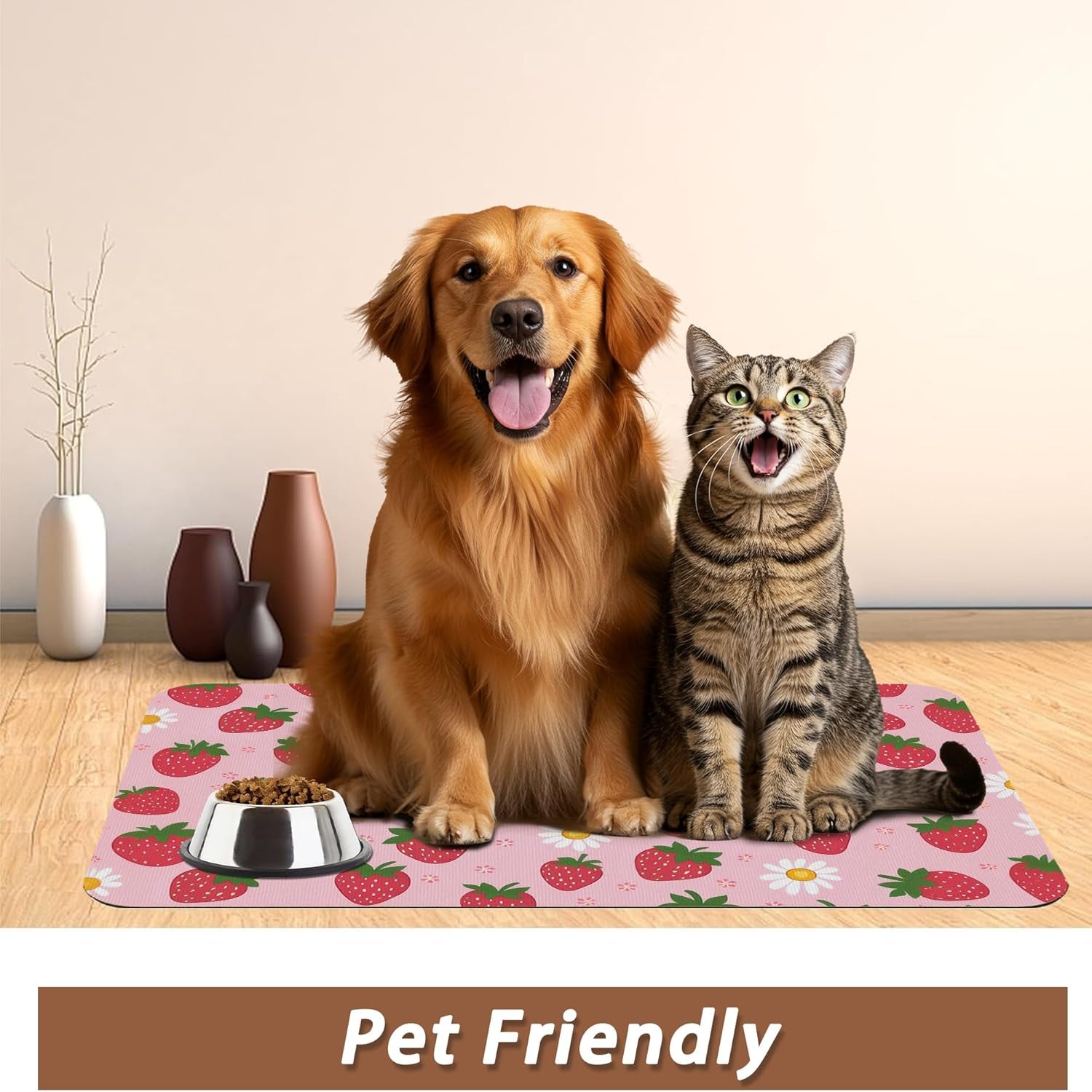cute-strawberry-flower-dog-cat-food-mat-pink-absorbent-pet-feeding-mat-with-rubber-backing-non-slip-water-bowl-placemat-indoor-pet-accessories-supplies-12x20