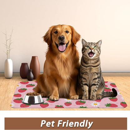 Cute Strawberry Flower Dog Cat Food Mat,Pink Absorbent Pet Feeding Mat with Rubber Backing,Non-Slip Water Bowl Placemat,Indoor Pet Accessories Supplies 12"X20"6