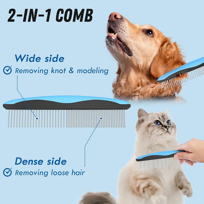 Docrok Pet Grooming Combo - Blue Deshedding Brush with Metal Comb for Detangling and Dematting Long, Matted Fur on Cats and Dogs3