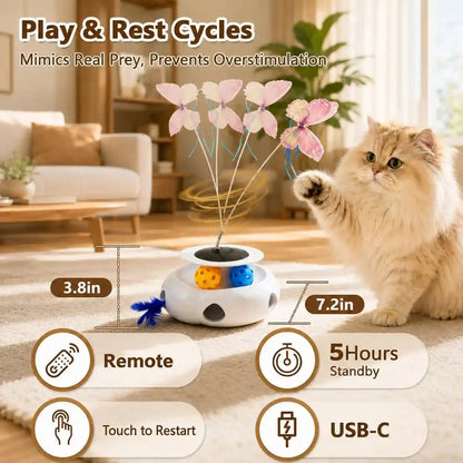 3-In-1 Interactive Cat Toy with Remote Control, Butterfly Wand & Automatic Retractable Feathers & Rolling Ball Track, Multi-Functional Cat Toy for Indoor Cats, Suitable for Bored Kitten, White2
