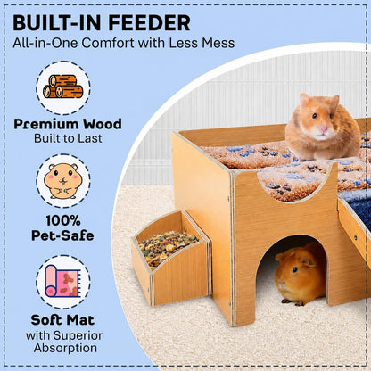 Guinea Pig Wooden Hideout with Built-In Feeder, Screw-Assembled Natural Wood Castle with Absorbent Fleece Mat, Ramp & Accessories, Cozy Safe Hideaway for Small Pets to Rest, Play & Explore2