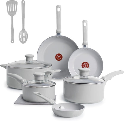 Refresh Ceramic Nonstick Pots and Pans Set, 12-Piece, Moon Grey | Recycled Aluminum Body, Thermo-Spot Heat Indicator, Oven Safe to 350°F, Glass Lids Included, All Cooktops except Induction1