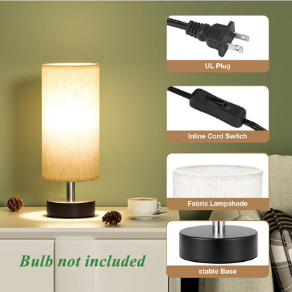 Small Table Lamp for Bedroom - Bedside Lamps for Night Stands | Bulb Not Included | Minimalist Desk Lamp | Linen Fabric Shade | for Living Room | for Dorm | 11.6" Inline Control2