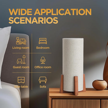 Modern Small Table Lamps, Nightstand Lamp with Linen Fabric Shade, 13.97" Cylinder Wood Base Bedside Table Lamp for Bedroom Office Living Room Home Decor3