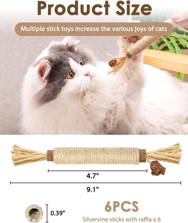 Tocirelo Silvervine Sticks for Cats, Natural Cat Chew Toy Teeth Cleaning | 6Pack Matatabi Sticks Dental Care Kitten Treat, Catnip Cat Teething Toys, Catmint Silver Vine Sticks for Bored Indoor Kitty6