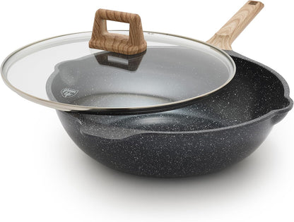 Nonstick 12” (5QT) All in One Deep Skillet Wok with Lid, Pfas-Free Non-Toxic Ceramic Multi-Purpose Pan, Induction, All Stovetop, Egg, Stir Fry, Saute, Stay Cool Handle, Granite Black1
