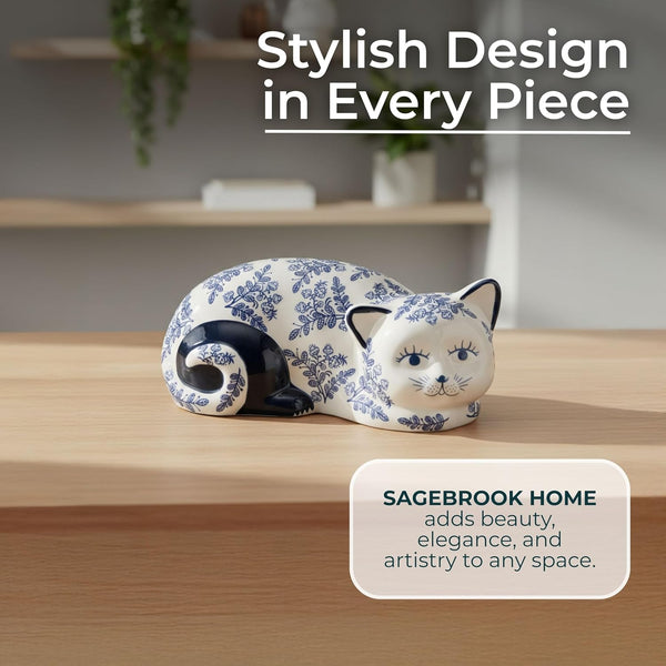 Ceramic Chinoiserie Cat Sculpture for Home Decor - Chic Ornaments for Bathroom, Office, Room and Living Room Display Styling - Sculptural Figurine for Shelf or Coffee Table Decor - 4", Blue & White6