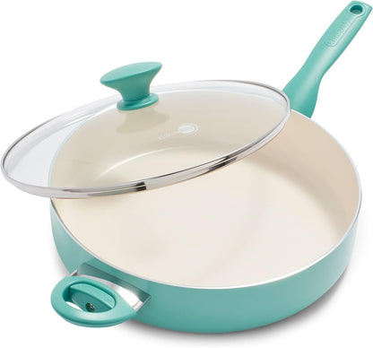 Rio Healthy Ceramic Nonstick 5QT Saute Pan Jumbo Cooker with Helper Handle and Lid, Pfas-Free, Dishwasher Safe, Turquoise1