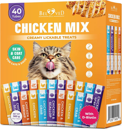 Beloved Pets Creamy Lickable Cat Treats & Wet Food Squeeze Tubes – Liquid Kitten Snacks, Skin & Coat Health, Multivitamin Treats for Cats, & Small Dogs, Lick up Chicken Mix (40 Sticks)1