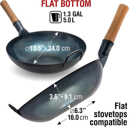 Flat Bottom Wok Pan - 13.5" Blue Carbon Steel Wok + Wok Lid 12.8 Inch + 17" Spatula and Ladle Skimmer Spoon3