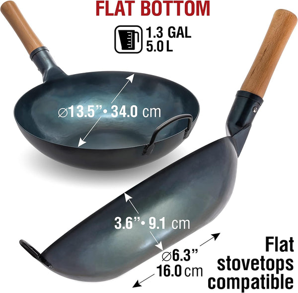 Flat Bottom Wok Pan - 13.5" Blue Carbon Steel Wok Flat Bottom Wok Pan + 17’’ Spatula and Ladle - Set of 2 Heat-Resistant Tools3