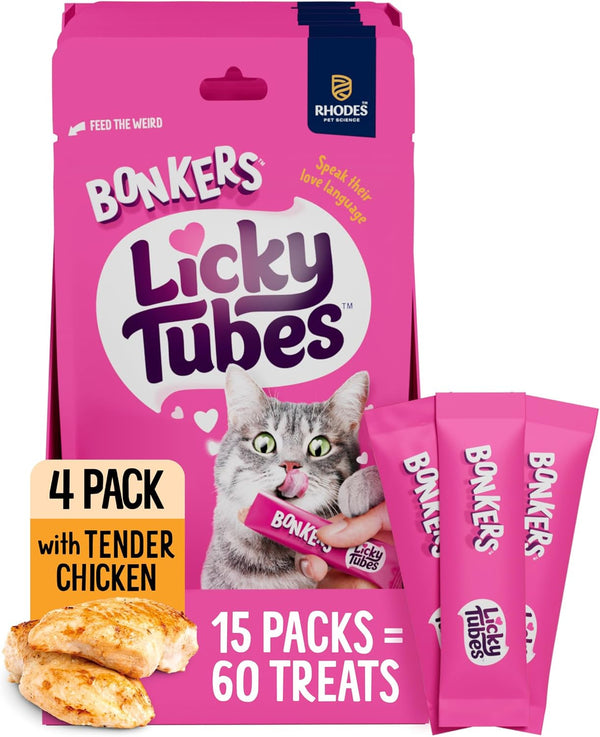 Bonkers Licky Tubes Chicken Flavored Wet Cat Treats, 4 Pieces (Pack of 15)1