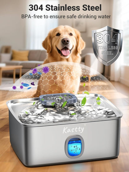 Kastty 4 Gal/15L Stainless Steel Dog Water Fountain for Large Dogs | Dog Water Bowl Dispenser Triple Filtration,Ultra Quiet Automatic Pet Water Fountain with Water Level Window&Led Light(Fs76)6