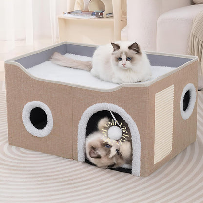 Loyareal Cat Houses for Indoor Cats - Large Cat Bed Cave with Scratch Pad and Fluffy Ball, Foldable Cat Condo Hideaway with Reversible Cushion for Multi Small Pet, Dark Grey11