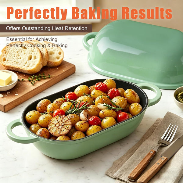 5 QT Enameled Cast Iron Sourdough Bread Oven, Loaf Pan with Lid | Oval Dutch Oven for Homemade Sourdough Bread Baking, Oven Safe up to 500°F, Meatloaf Pan with Dome Lid, Fig Green8