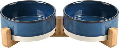 SPUNKYJUNKY Ceramic Dog and Cat Bowl with Wood Stand Non-Slip Matte Glaze Weighted Food Water Set for Cats &Small Dogs 13.5OZ25