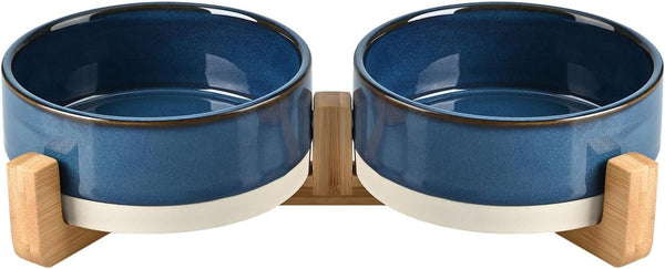 SPUNKYJUNKY Ceramic Dog and Cat Bowl with Wood Stand Non-Slip Matte Glaze Weighted Food Water Set for Cats &Small Dogs 13.5OZ25