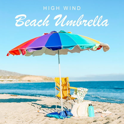 7.5Ft Large Heavy Duty HIGH Wind Beach Umbrella with Sand Anchor & Tilt Sun Shelter, UPF 50+ Protection Outdoor Umbrellas Sunshade with Carry Bag for Patio Garden Pool Backyard Rainbow2