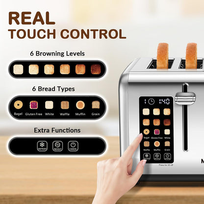 4 Slice Toaster with Touch Screen Control, 4 Wide Slots, Stainless Steel Smart Bread Toaster for Bagels, Muffins, Waffles, Dual Control Panel, Timer, Defrost, Reheat, 120V 1650W2