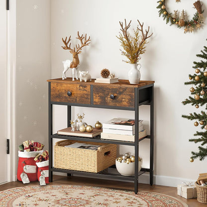 29.5" Narrow Console Table with 2 Fabric Drawers, Sofa Table, Small Entryway Table with 3-Tier Storage Shelves, behind Couch Table, for Living Room, Hallway, Rustic Brown and Black BF72XG012