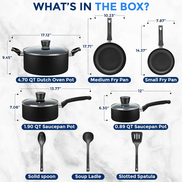 Kitchenware Pots & Pans Basic Kitchen Cookware, Black Non-Stick Coating Inside, Heat Resistant Lacquer (11-Piece Set), One Size, Black3