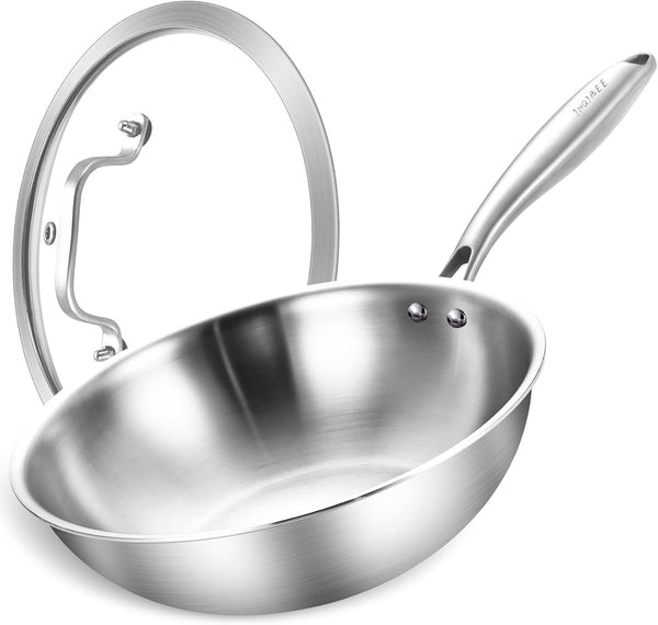 10 Inch Stainless Steel Wok Pan with Lid, Riveted Handle | Uncoated Tri-Ply Stainless Steel Stir Fry Pan, Everyday Cooking Wok for Induction, Flat Bottom, Dishwasher & Oven Safe1