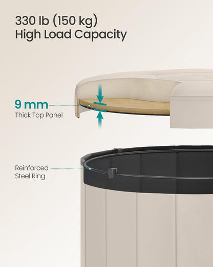 SONGMICS Mazie Collection - round Storage Ottoman, Folding Footrest Stool with Removable Lid, Easy Assembly, Velvet Vanity Stool for Bedroom, Living Room, Entryway, Cappuccino Beige ULSF608L013